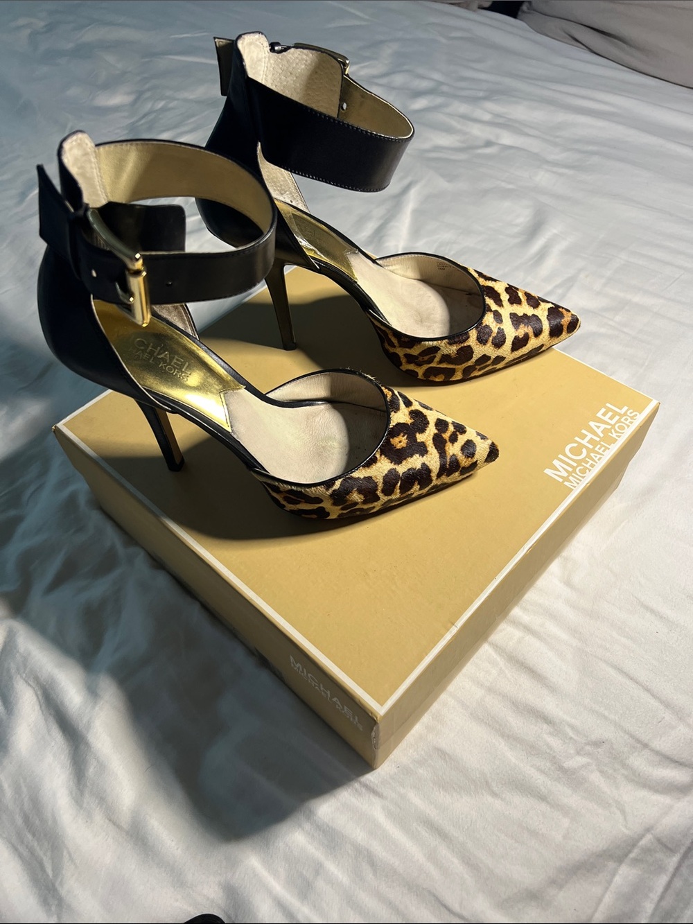 Michael Kors Leopard Print Pointed Toe Ankle Strap Heels - Black & Brown